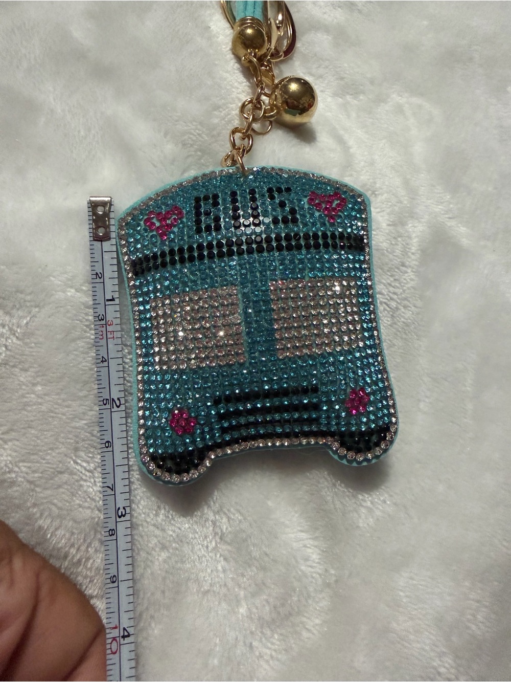 Plushy Rhinestone Turquoise Bus Key Charm - Picture 2 of 5